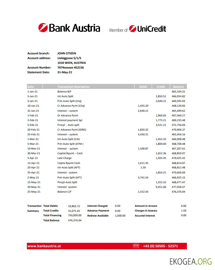 Relevé bancaire Austria Bank Austria modèle facile à remplir au format Excel et PDF